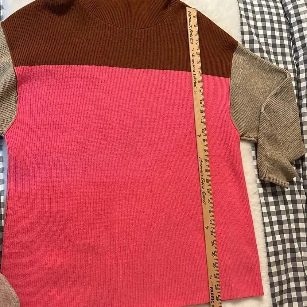 Free People Softly Structured Colorblock Turtleneck Sweater Pink Brown Oversized